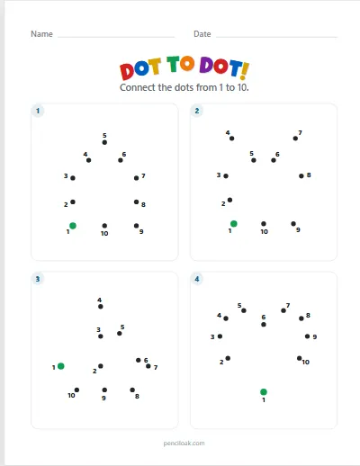 Dot to dot · 1 to 10 · 4 pictures · set 2 worksheet