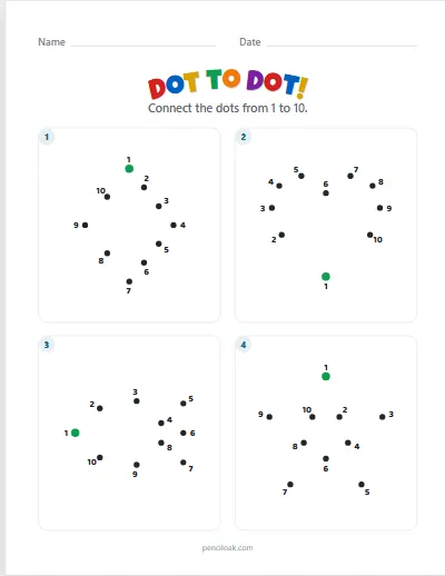 Dot to dot · 1 to 10 · 4 pictures · set 3 worksheet