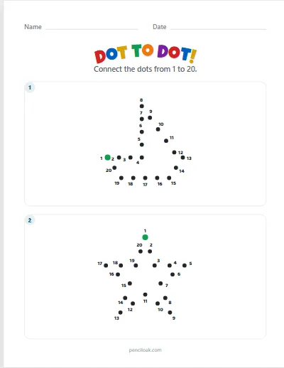 Dot to dot · 1 to 20 · 2 pictures · set 2 worksheet