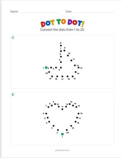 Dot to dot · 1 to 20 · 2 pictures worksheet