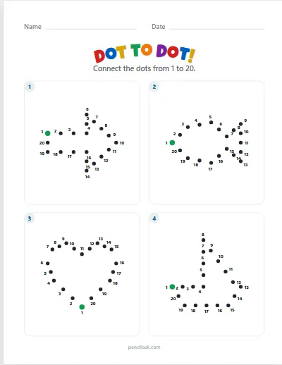 Dot to dot · 1 to 20 · 4 pictures · set 3 worksheet