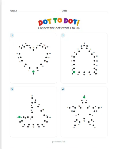 Dot to dot · 1 to 20 · 4 pictures worksheet