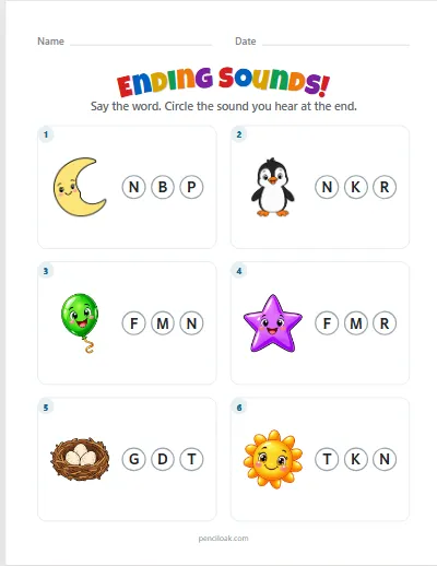 Ending sounds · Capitals · 6 questions · set 2 worksheet