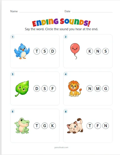 Ending sounds · Capitals · 6 questions worksheet