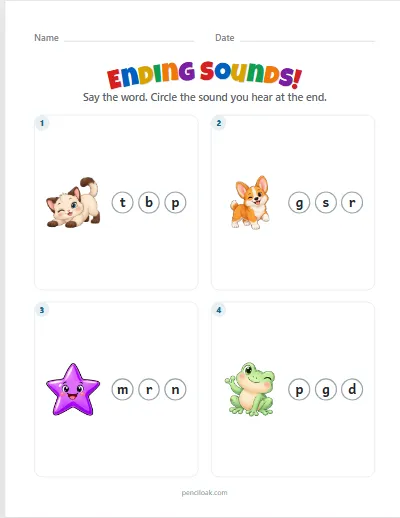 Ending sounds · Lowercase · 4 questions · set 2 worksheet