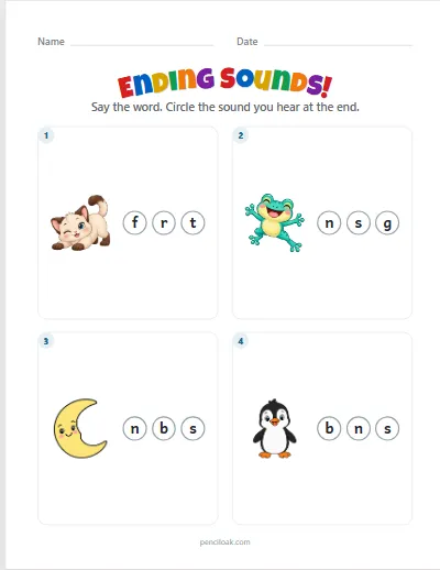 Ending sounds · Lowercase · 4 questions worksheet
