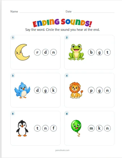 Ending sounds · Lowercase · 6 questions · set 2 worksheet