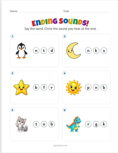 Ending sounds · Lowercase · 6 questions · set 3 worksheet