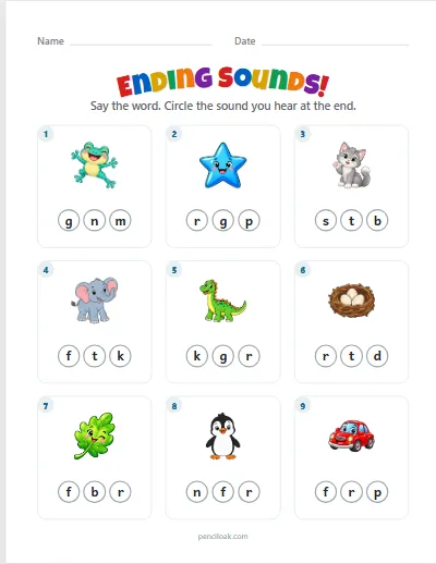 Ending sounds · Lowercase · 9 questions worksheet