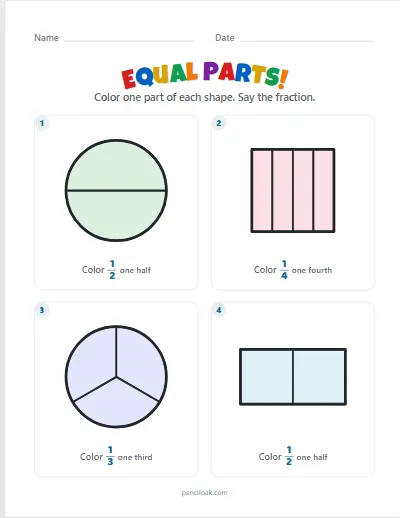 Equal parts · 2, 3 or 4 parts · 4 shapes worksheet