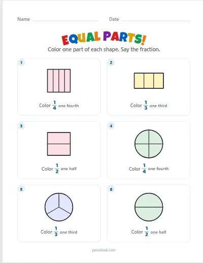 Equal parts · 2, 3 or 4 parts · 6 shapes · set 2 worksheet