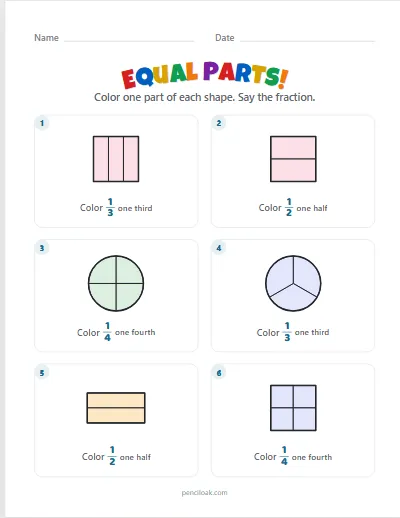 Equal parts · 2, 3 or 4 parts · 6 shapes · set 3 worksheet