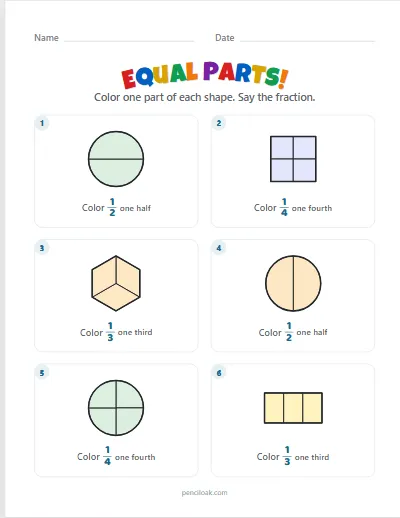 Equal parts · 2, 3 or 4 parts · 6 shapes worksheet