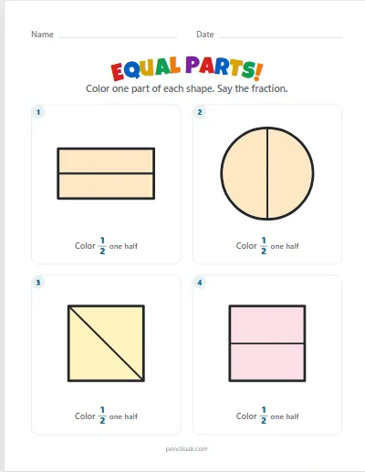 Equal parts · Halves · 4 shapes worksheet
