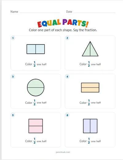 Equal parts · Halves · 6 shapes · set 2 worksheet
