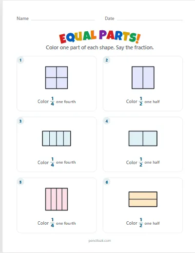 Equal parts · Halves and fourths · 6 shapes · set 2 worksheet