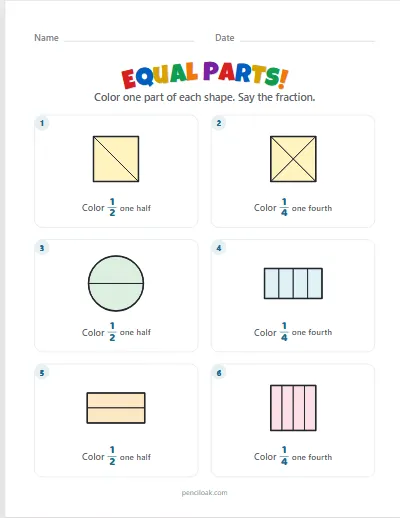 Equal parts · Halves and fourths · 6 shapes · set 3 worksheet