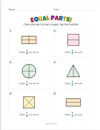 Equal parts · Halves and fourths · 6 shapes worksheet