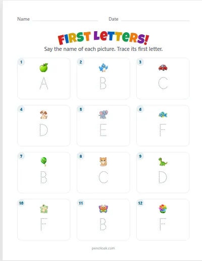 First letters A–F · Capitals · 12 questions worksheet