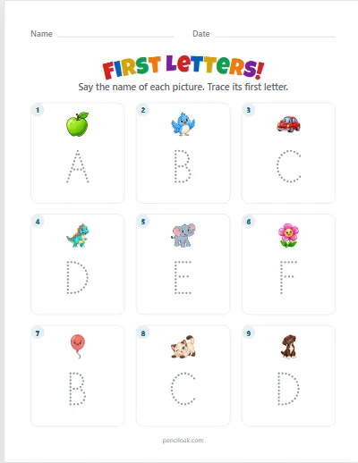 First letters A–F · Capitals · 9 questions worksheet