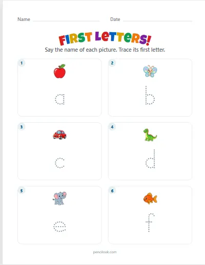 First letters A–F · Lowercase · 6 questions worksheet