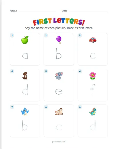 First letters A–F · Lowercase · 9 questions worksheet
