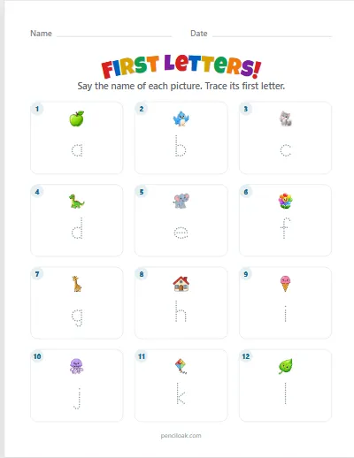First letters · Lowercase · 12 questions worksheet