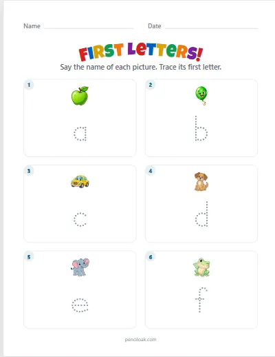 First letters · Lowercase · 6 questions worksheet