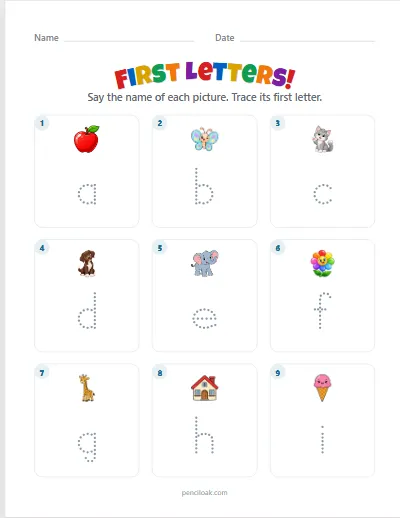 First letters · Lowercase · 9 questions worksheet