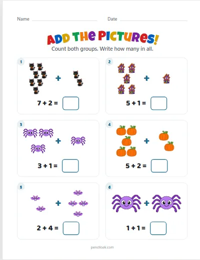 Addition to 10 · Halloween mix · 6 questions worksheet