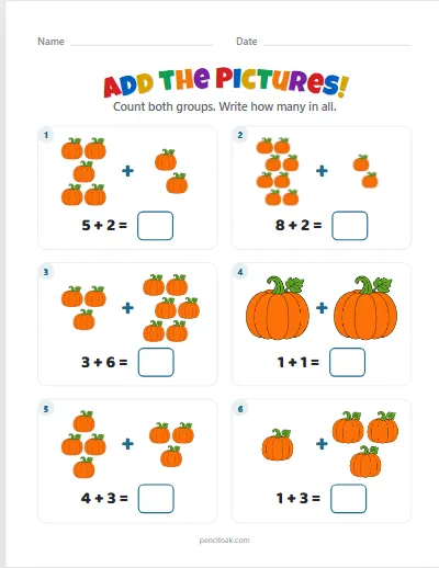 Addition to 10 · Pumpkins · 6 questions worksheet