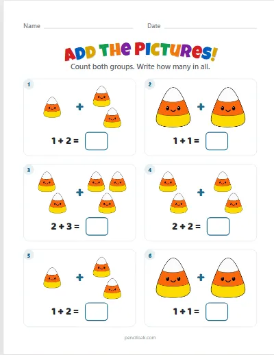 Addition to 5 · Candy corns · 6 questions worksheet