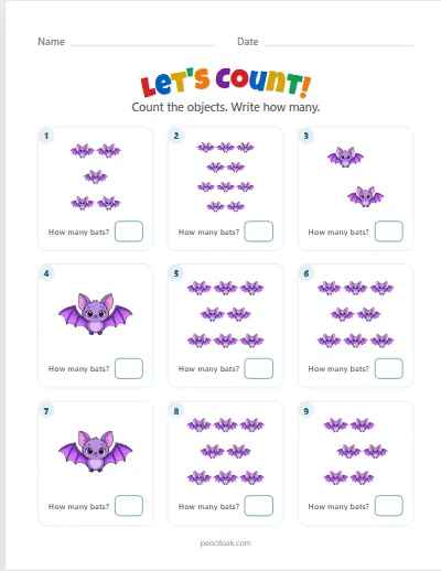 Count to 10 · Bats · 9 questions worksheet