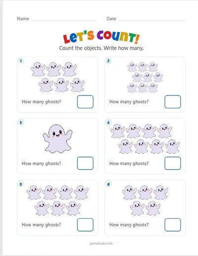 Count to 10 · Ghosts · 6 questions worksheet