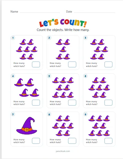 Count to 10 · Witch hats · 9 questions worksheet