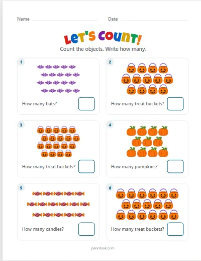 Count to 20 · Halloween mix · 6 questions worksheet