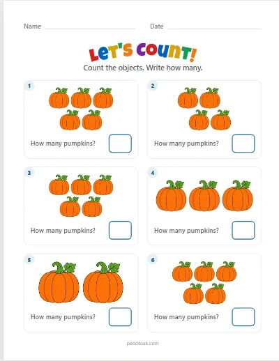 Count to 5 · Pumpkins · 6 questions worksheet