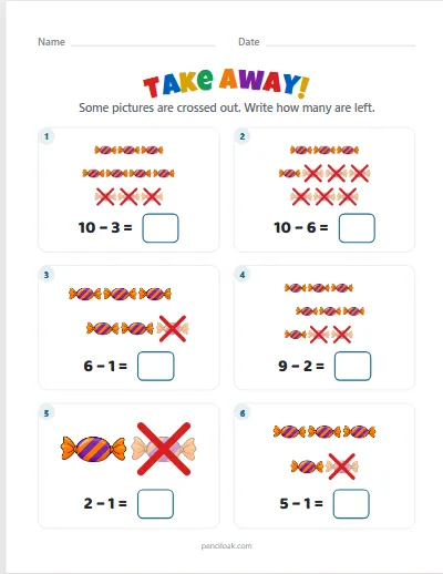 Take away from 10 · Candies · 6 questions worksheet