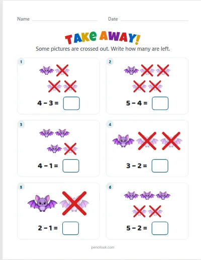 Take away from 5 · Bats · 6 questions worksheet
