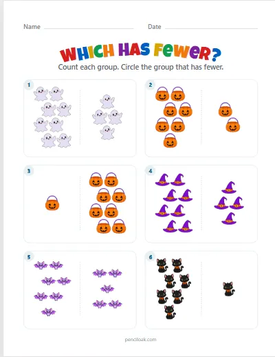 Which has fewer · To 10 · Halloween mix · 6 questions worksheet