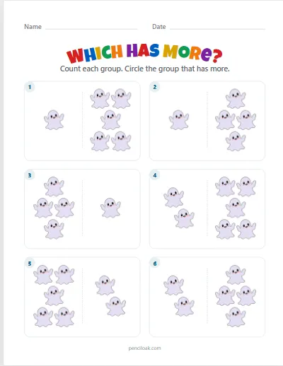 Which has more · To 5 · Ghosts · 6 questions worksheet