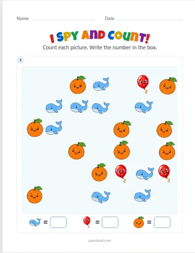 I spy and count · Up to 10 · 1 scene worksheet