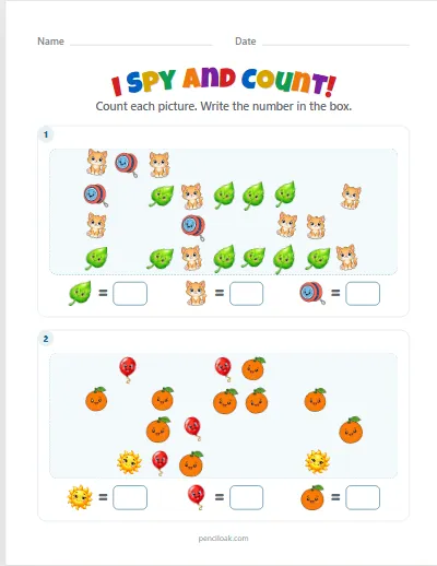 I spy and count · Up to 10 · 2 scenes · set 2 worksheet