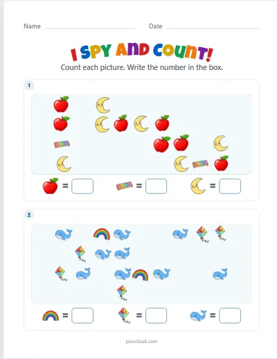 I spy and count · Up to 10 · 2 scenes · set 3 worksheet