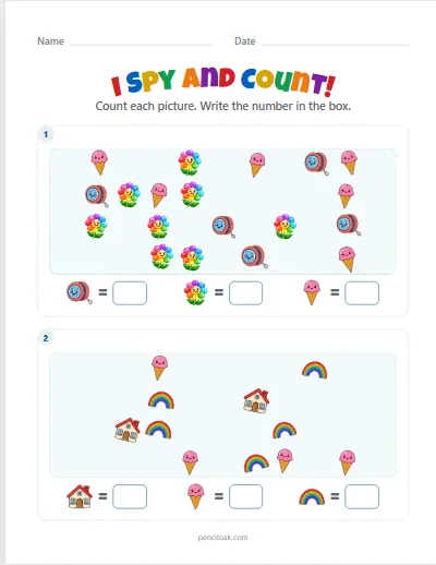 I spy and count · Up to 10 · 2 scenes · set 4 worksheet