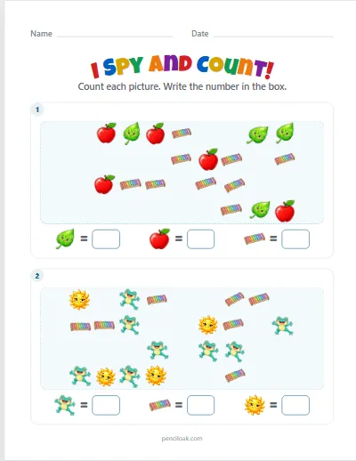 I spy and count · Up to 10 · 2 scenes · set 5 worksheet