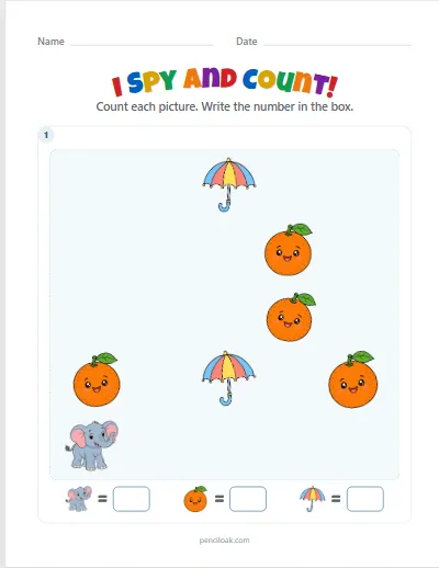 I spy and count · Up to 5 · 1 scene worksheet
