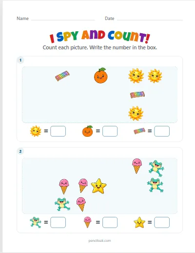 I spy and count · Up to 5 · 2 scenes · set 2 worksheet