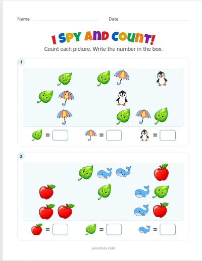 I spy and count · Up to 5 · 2 scenes · set 3 worksheet