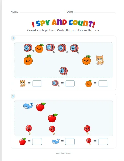I spy and count · Up to 5 · 2 scenes worksheet